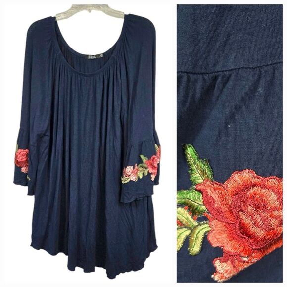 Women's 3XL Navy Blue Floral Embroidered Bell Sleeve Tunic Top Ruffled Peasant - Picture 1 of 10